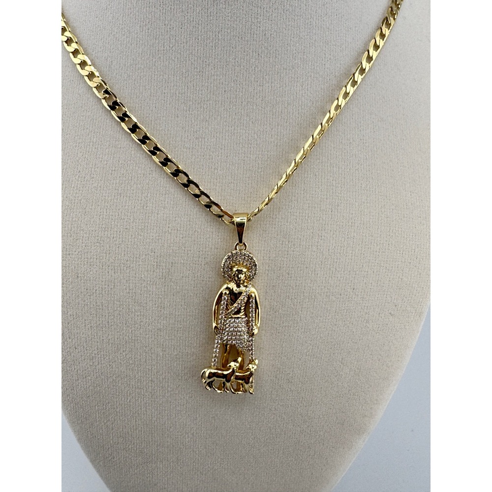 San Lazaro Pendant 14k Gold Plated 24 Inch Curb Chain Necklace Saint Lazarus CZ